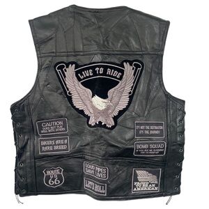 Diamond Plate Buffalo Black Leather Biker Moto Vest Live to Ride Patches XL
